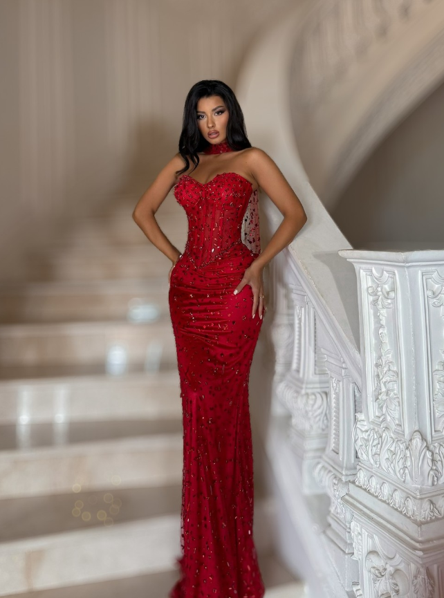 Sexy Sheath Sweetheart Neck Red Rhinestone Satin Tulle Long Prom Dress Party Dress DP4751