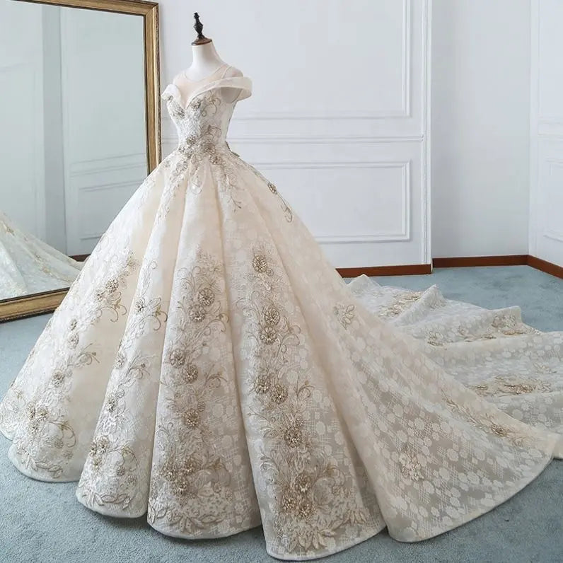 Luxury Champagne Ball Gown Appliques Long Train Prom Dress DP1006