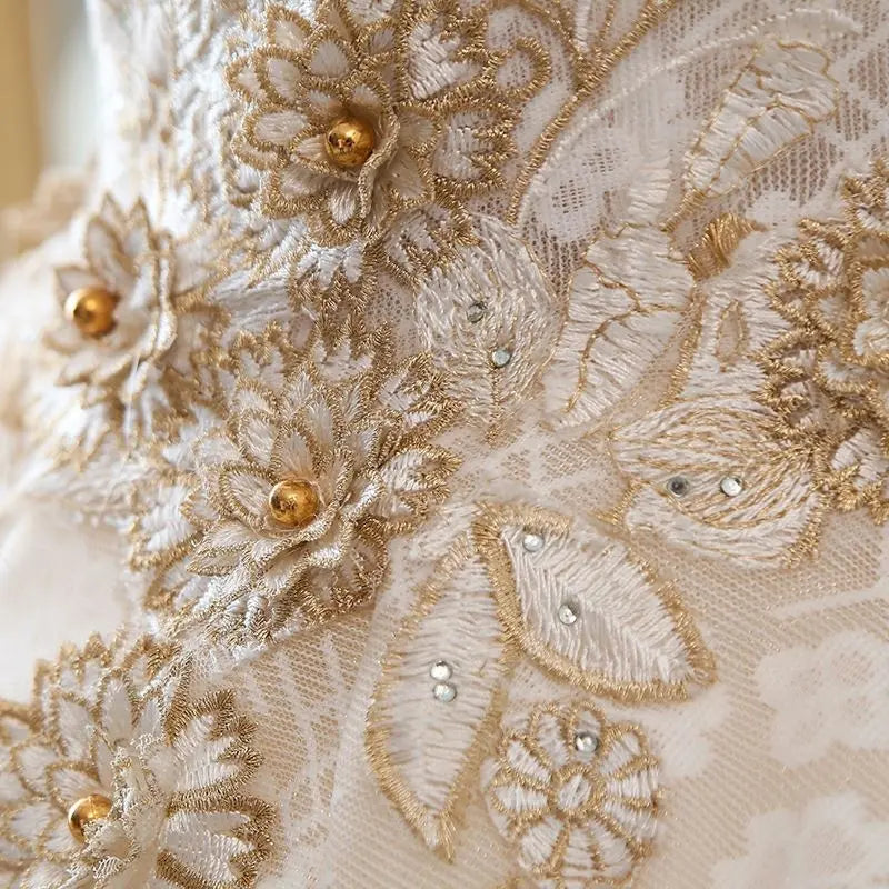 Luxury Champagne Ball Gown Appliques Long Train Prom Dress DP1006