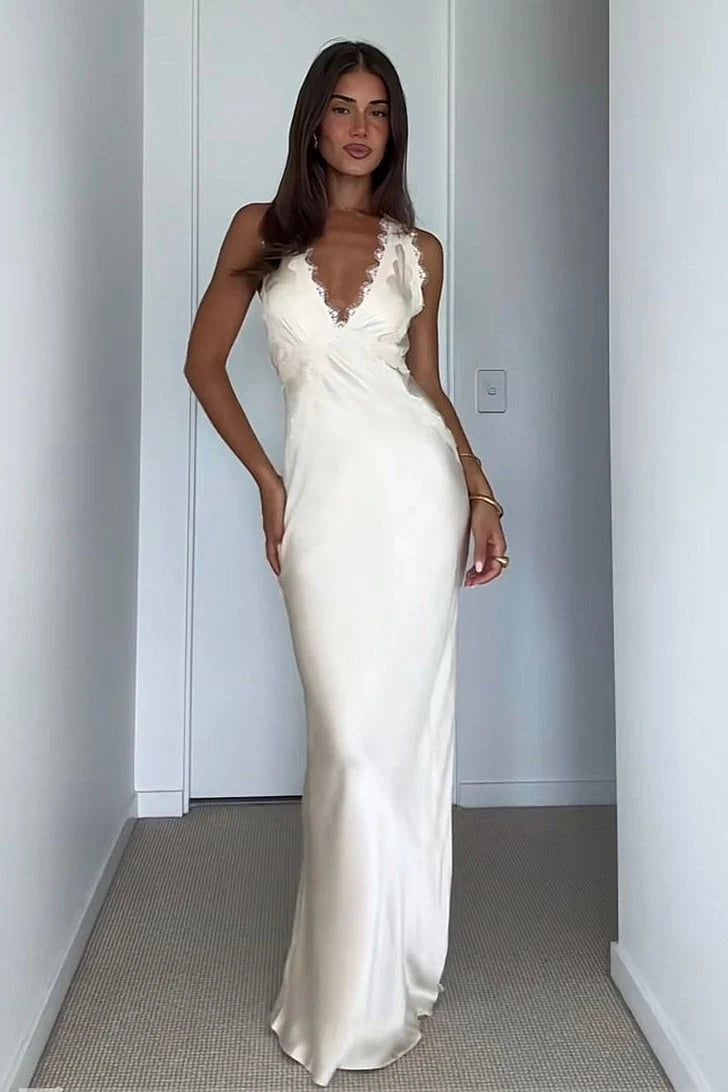 Trendy Sheath Deep V Neck Ivory Long Party Dress with Lace DP7457