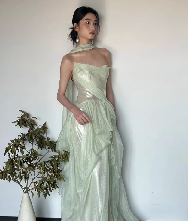 Sage Green A Line Strapless Pleated Chiffon Satin Prom Dress Evening Dress Formal Dress DP3157