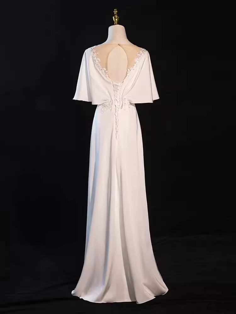 Sexy V Neck Short Sleeves Lace White Long Prom Dress DP058