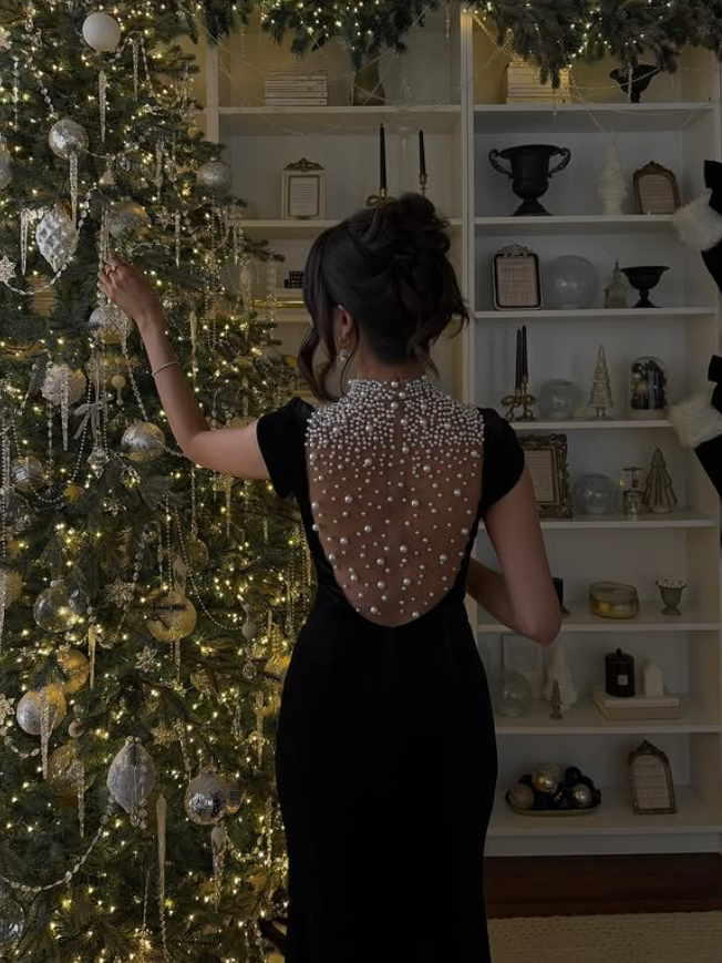 Stunning Mermaid High Neck Pearl Black Velvet Long Prom Dresses Formal Gown DP3673