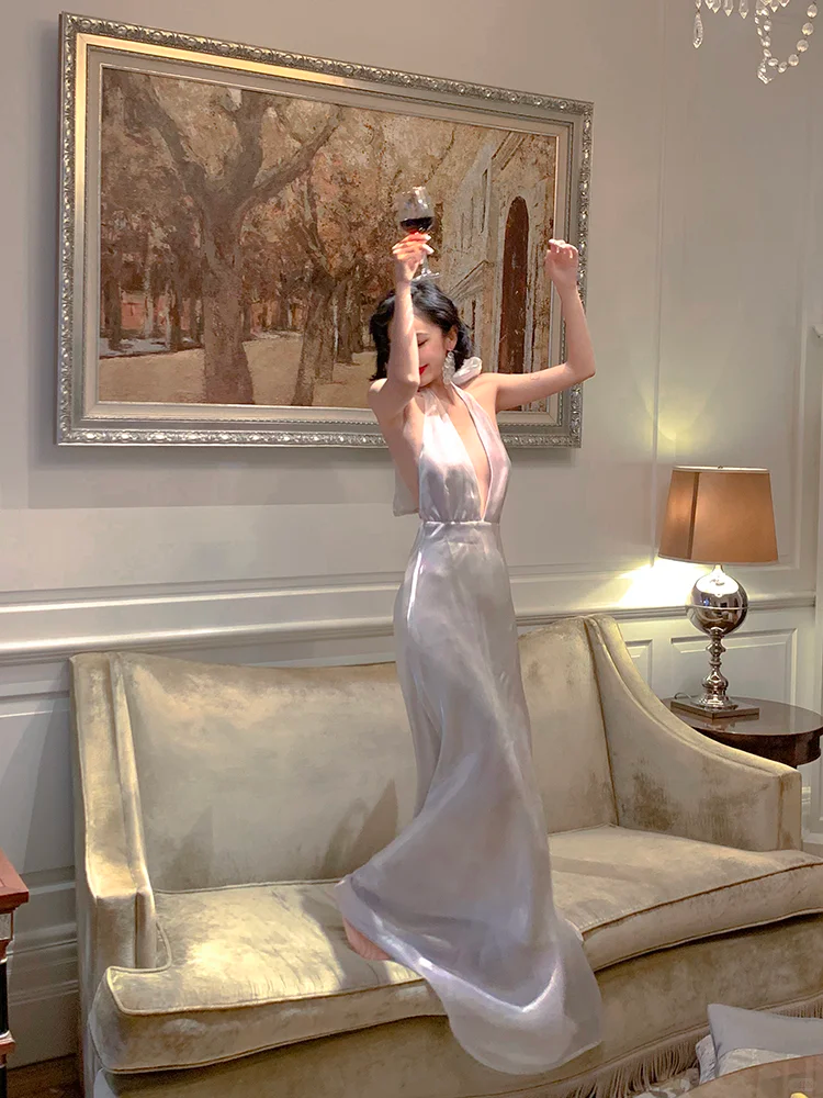 Elegant Sheath Halter White Satin Open Back Prom Dress Vacation Dress DP3862