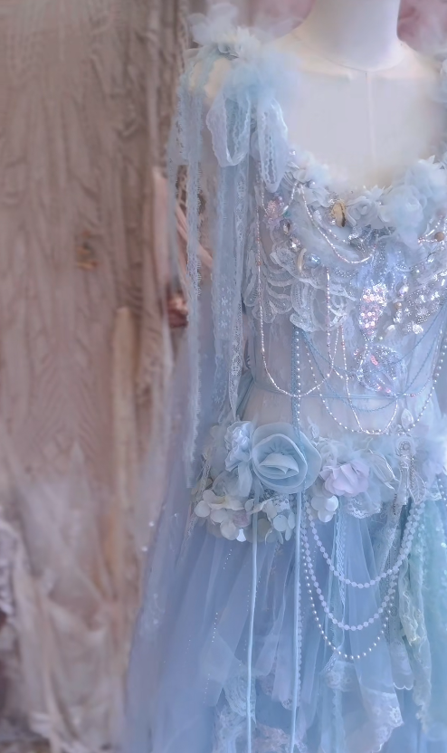 Baby Blue A Line Straps Floral Beaded Tulle Short Prom Dress 16th Birthday Dress DP3794