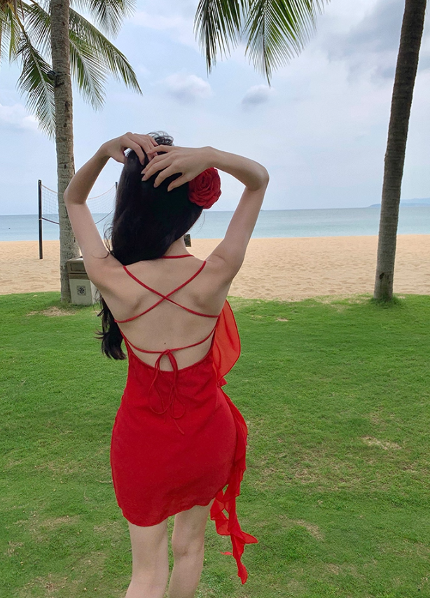 Backless Sheath Strap Red Chiffon Homecoming Dress Vacation Dress Outfits DP3407