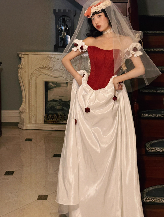 Classic Ball Gown Off the Shoulder Red Floral White Satin Prom Dress 16th Birthday Dress DP3568