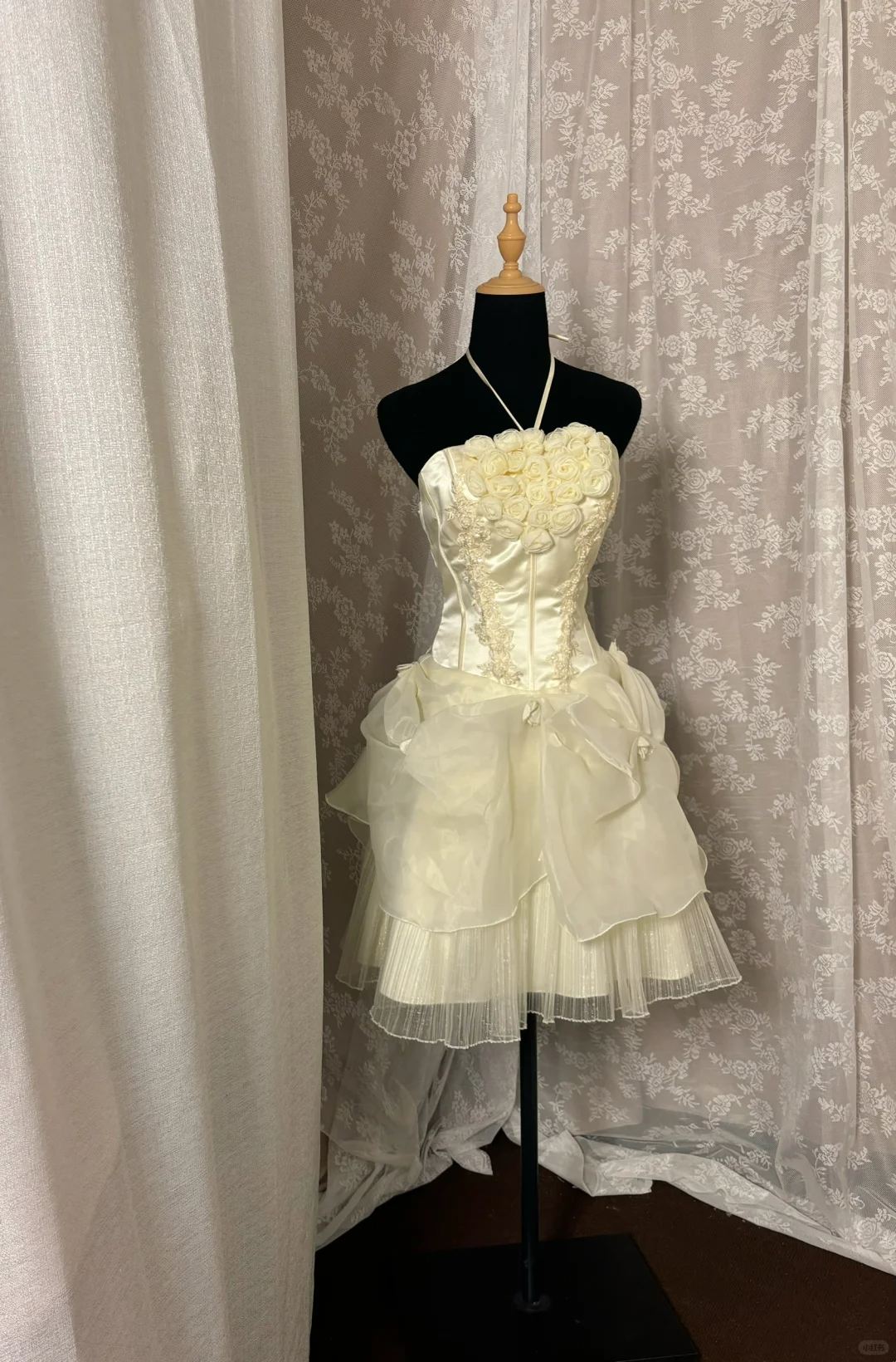 Champagne Retro A Line Halter Applique Organza Satin Homecoming Dress Cocktail Dress DP3176
