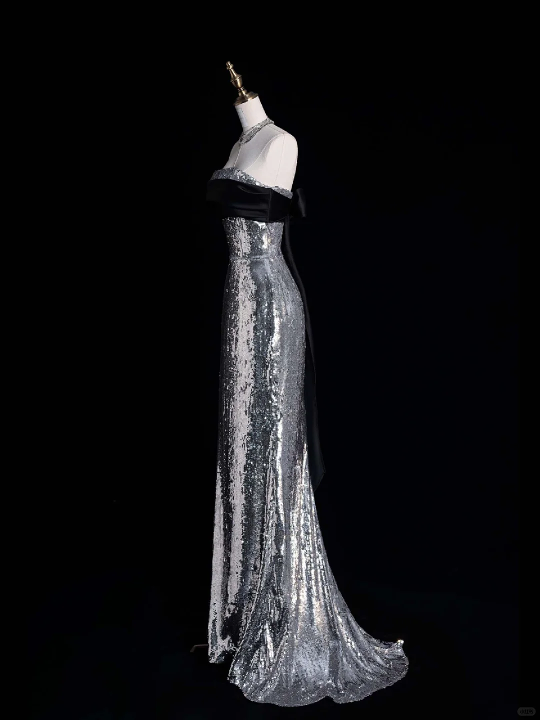 Shiny Sheath Strapless Silver Sequin Black Satin Bow Long Prom Dress Graduation Prom Dress DP2270
