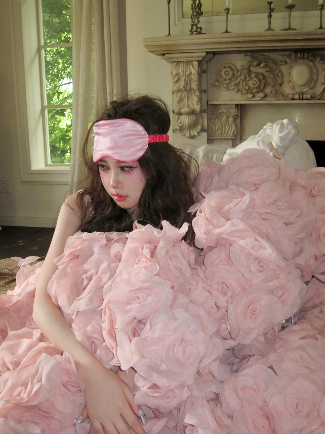 Unique Mermaid Straps Pink Satin Flower Tulle Party Dress Evening Dress DP2548