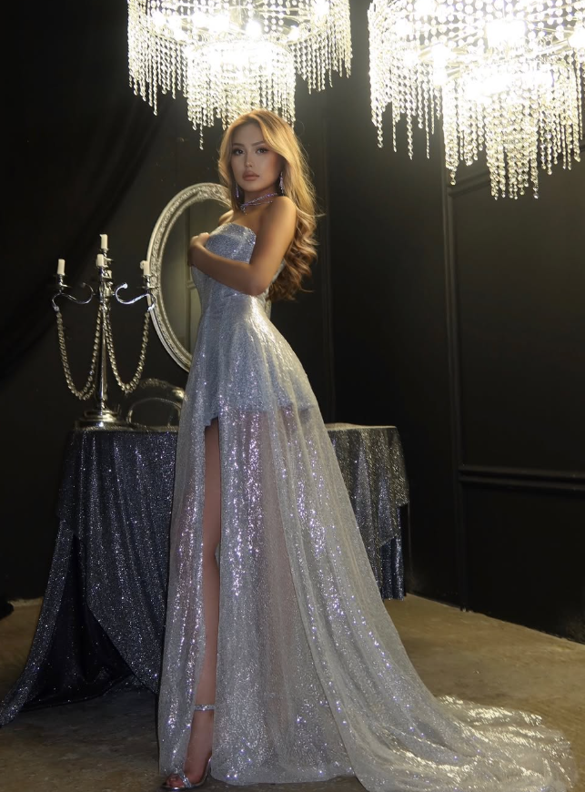Shiny Silver A Line Sweetheart Neck Sequin Prom Dress Cocktail Dress with Slit DP3497