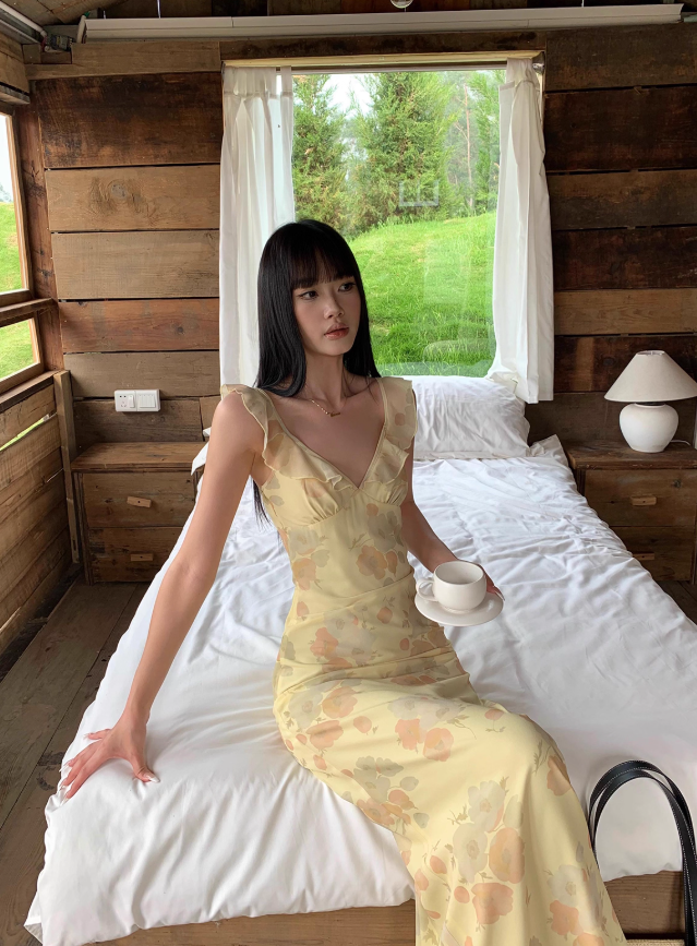 Yellow Print Floral A Line Straps Chiffon Prom Dress Party Dress Outfits DP3460