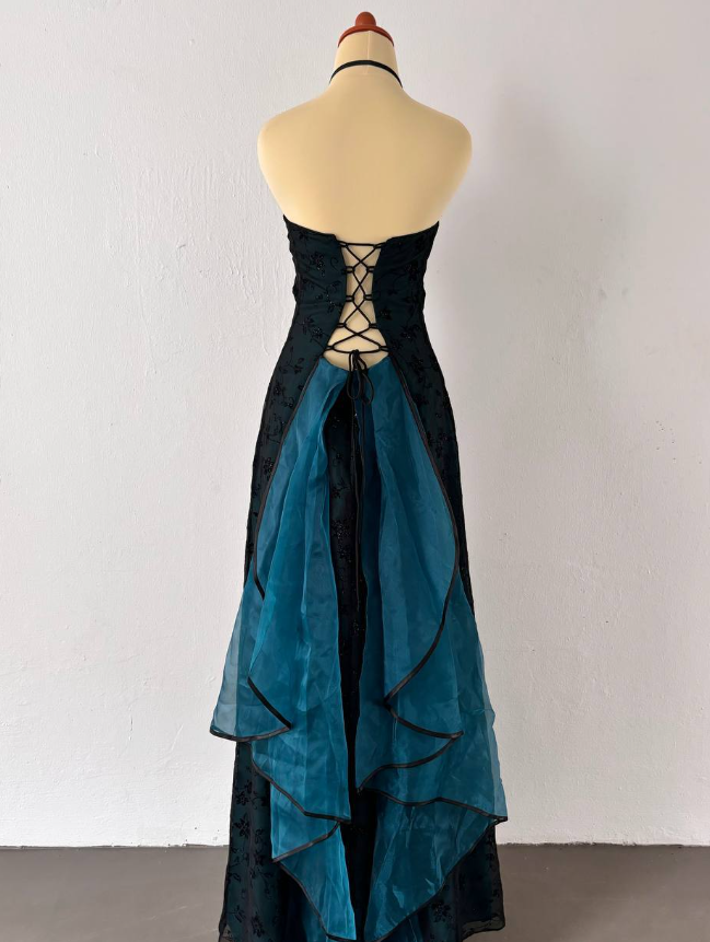 Vintage A Line Strapless Appliques Black Blue Tulle Prom Dress Graduation Prom Dress DP2257
