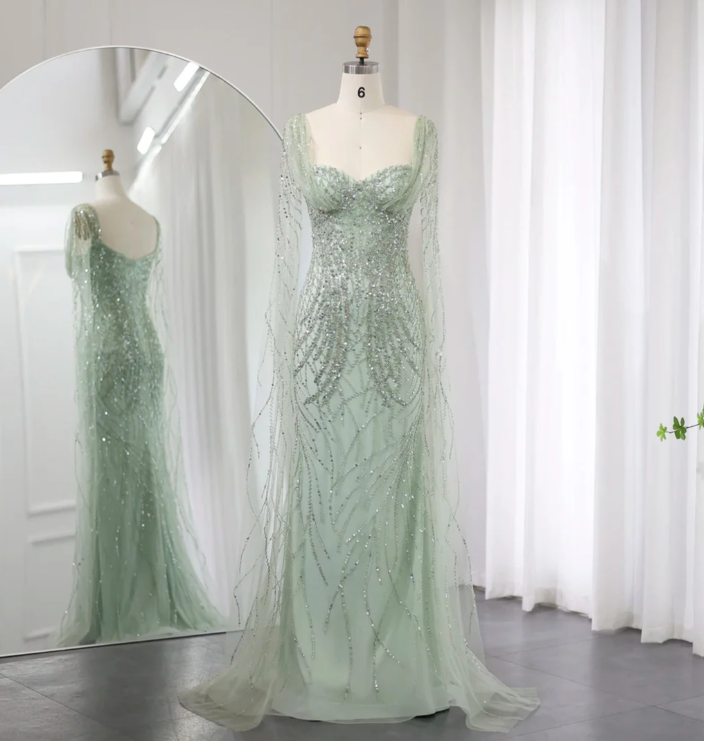 Blue Luxury Mermaid Beads Sequins Tulle Evening Dresses with Cape Sleeves DP1403