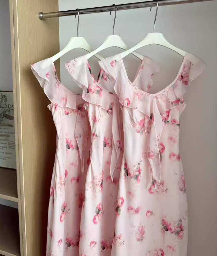 Pink Sheath V Neck Ruffle Chiffon Vacation Dress Homecoming Dress Outfits DP3545