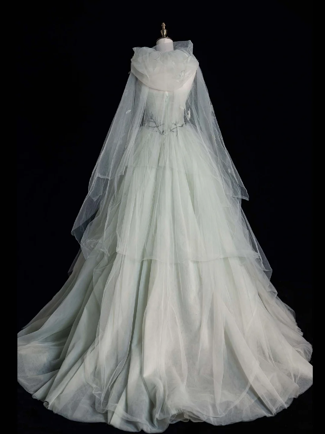Romantic A Line Strapless Floral Sage Green Tulle Long Evening Dress Party Dress DP2300