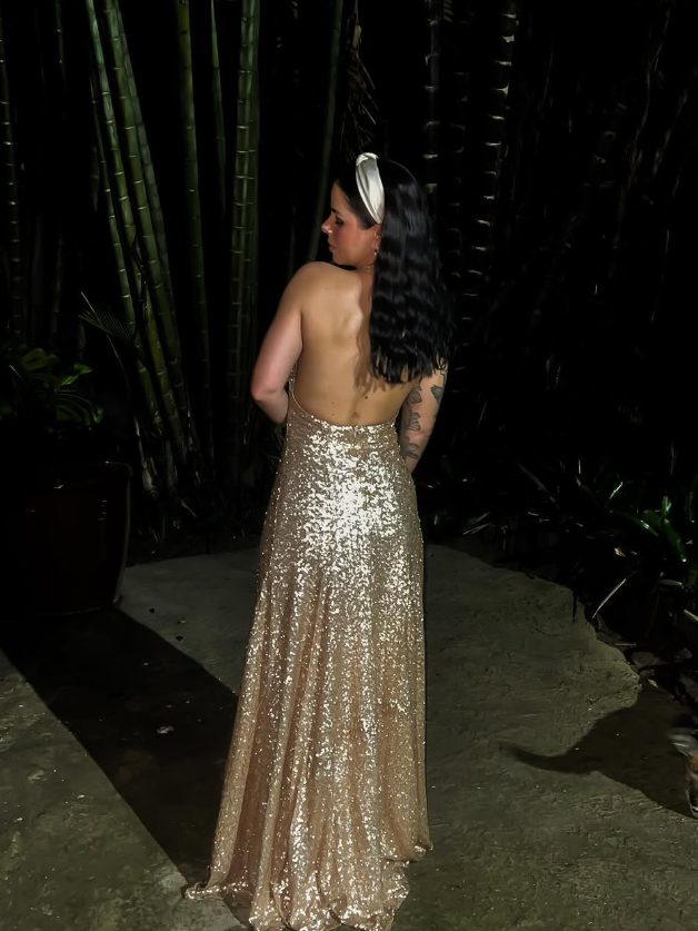 Gold A Line Halter Sequin Long Open Back Prom Dress Evening Dress DP1503