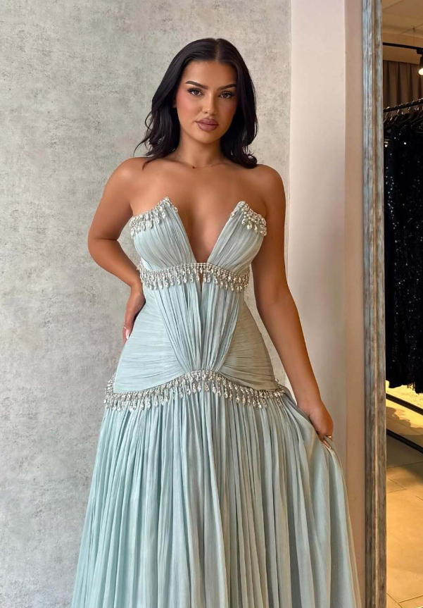 Baby Blue A Line V Neck Rhinestone Satin Long Prom Dress Wedding Guest Dress DP4321