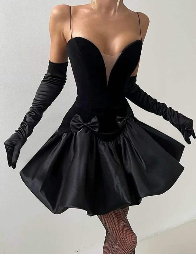 Cute Sexy A Line Spaghetti Strap Black Bow Velvet Satin Short Homecoming Outfits DP4256