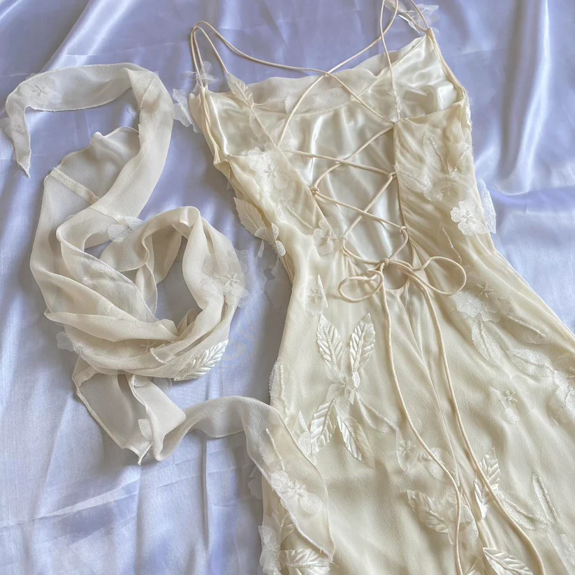 Flowy Retro Ivory Floral Chiffon Long Party Dress Date Dress DP2935