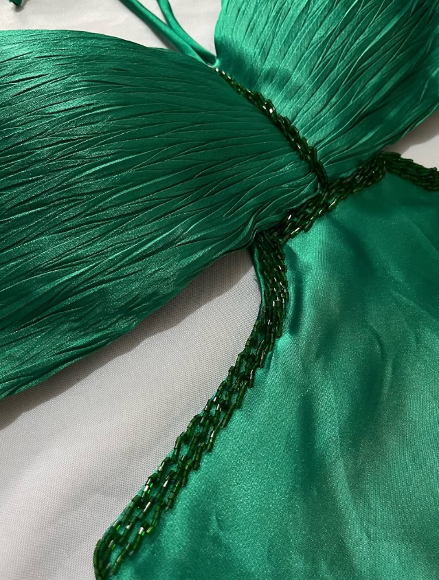 Charming A Line Spaghetti Strap Beaded Green Satin Open Back Prom Dress Evening Dress DP2140