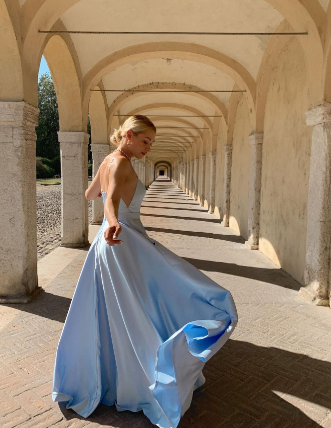 Simple A Line Spaghetti Strap Blue Satin Open Back Prom Dress Evening Dress DP1574
