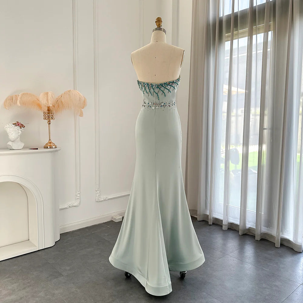 Luxury Mermaid Strapless Crystal Satin Evening Dress Prom Dress With Slit DP954