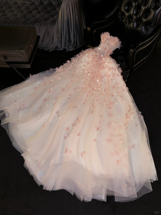 Romantic A Line Sweetheart Neck Floral Beaded Pink Tulle Prom Dress Evening Dress DP2460