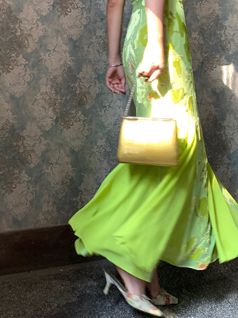 Stunning Green Mermaid Spaghetti Strap Print Floral Satin Chiffon Prom Dress Outfits DP3581