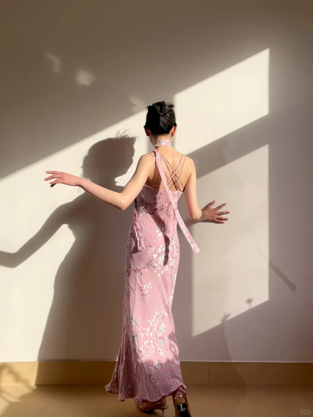 Vintage Gentle Mermaid Spaghetti Strap Print Floral Pink Chiffon Prom Dress Party Dress DP3709