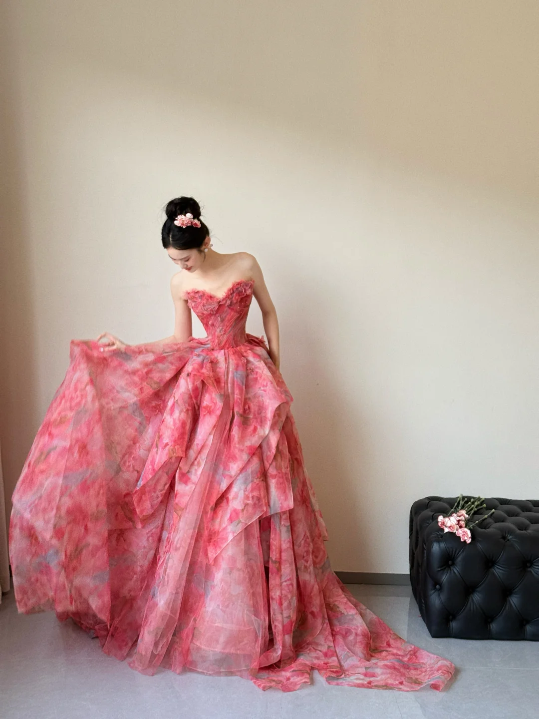 Pink A Line Sweetheart Neck Print Floral Chiffon Long Prom Dress Evening Dress DP1967