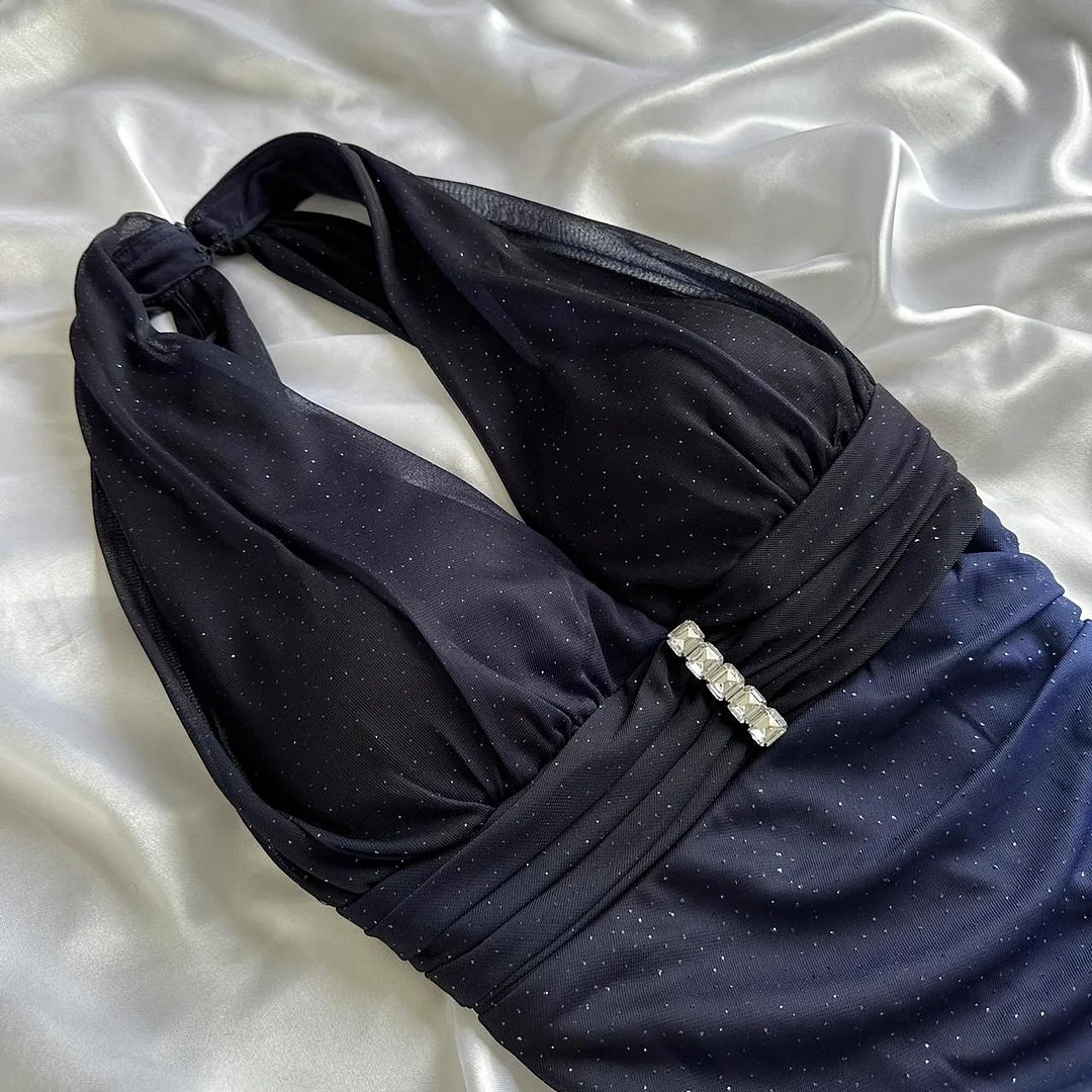 Ombre Navy Blue A Line Halter Chiffon Prom Dress Graduation Prom Dress DP1996