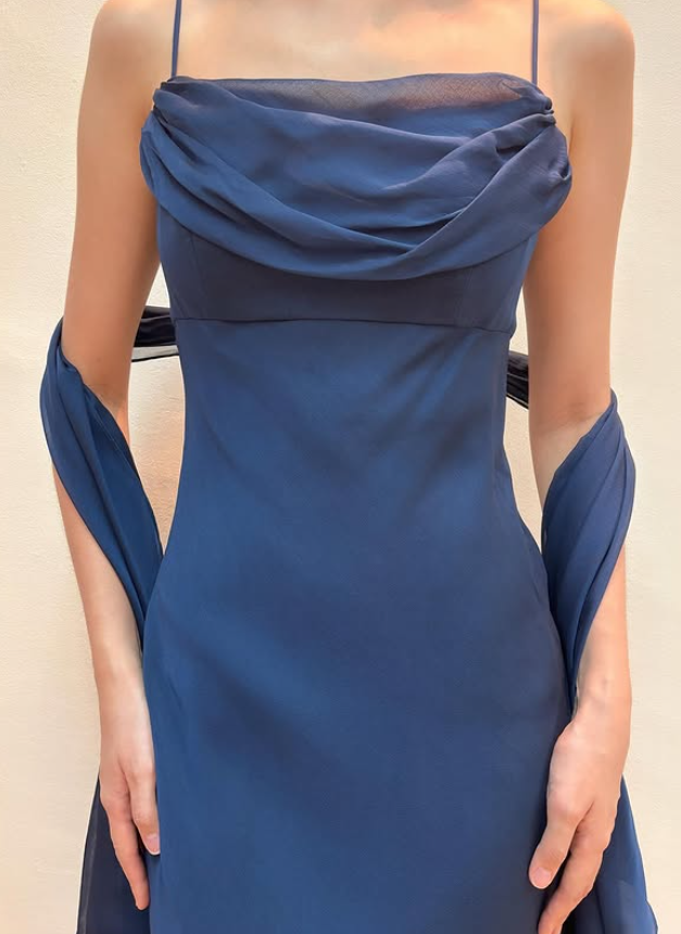 Vintage Navy Blue Simple Sheath Chiffon Prom Dress Evening Dress Date Dress DP5281
