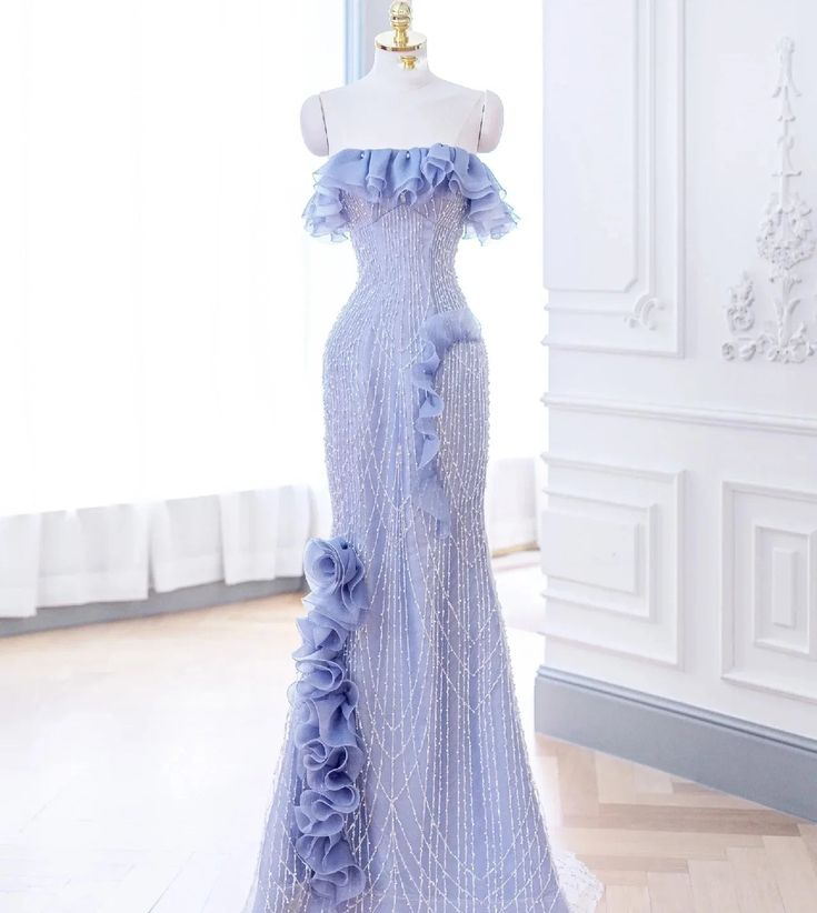 Elegant Lavender Flower Ruffles Beaded Lace Prom Dress Mermaid Evening Dress DP162