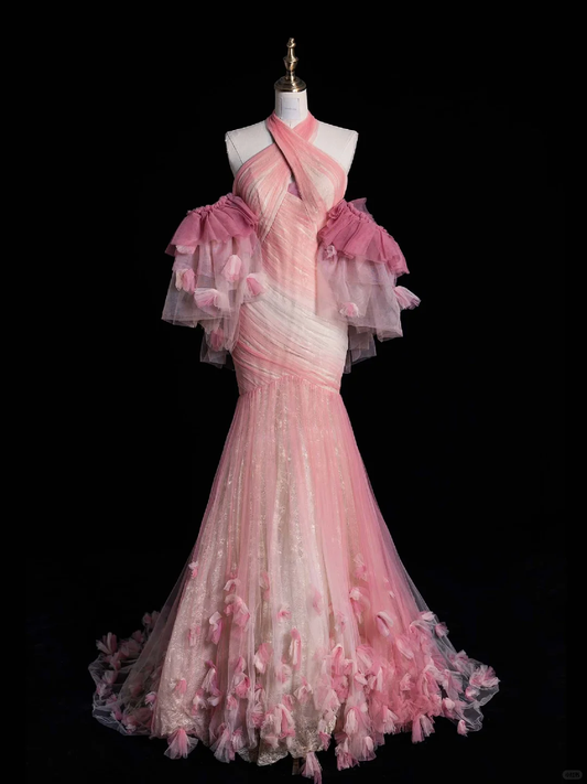 2025 New Mermaid Halter Flower Pink Tulle Long Prom Dress Evening Dress DP2092