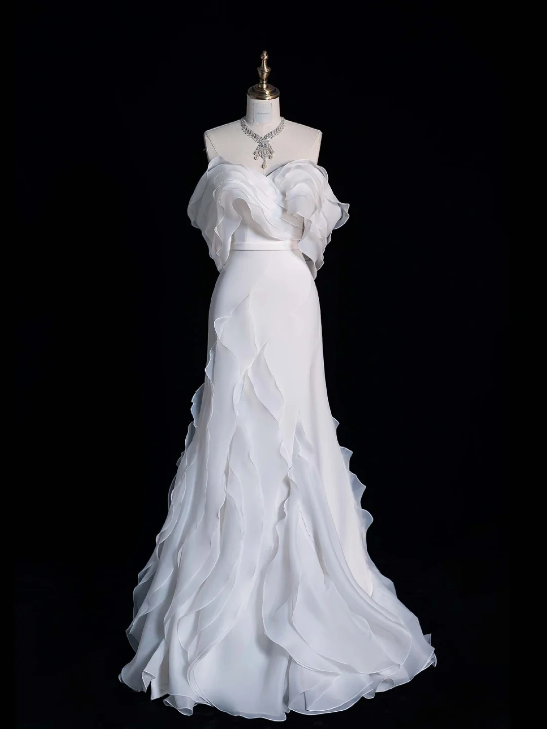 White Mermaid Off the Shoulder Ruffle Chiffon Prom Dress Graduation Prom Dress DP1989