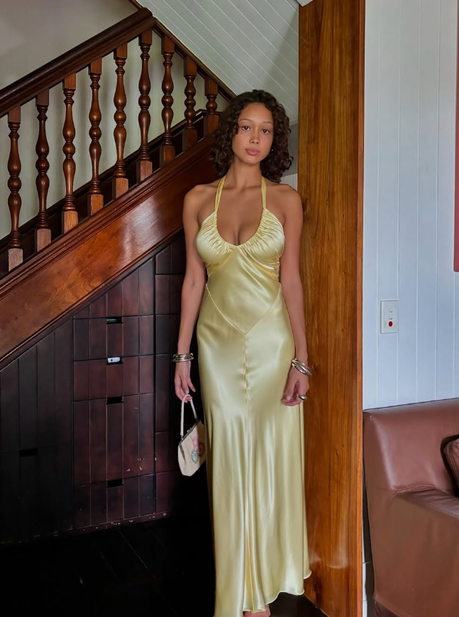 Elegant A Line Halter Yellow Bow Satin Open Back Prom Dress Graduation Prom Dress DP2167