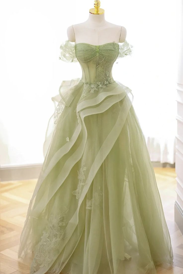 Light Green Tulle Appliques Beaded Long Prom Dress Formal Evening Dress DP017