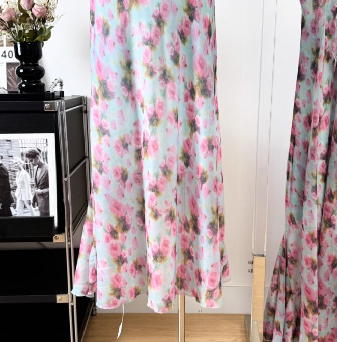 Gentle A Line V Neck Print Floral Chiffon Vacation Dress Prom Dress Outfits DP3554