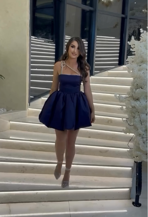 Navy Blue A Line One Shoulder Rhinestone Satin Short Homecoming Dress Party Dress DP4084