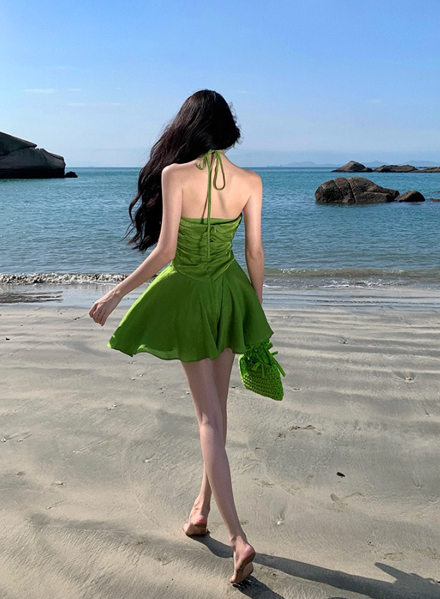 Green A Line Spaghetti Strap Floral Satin Homecoming Dress Birthday Dress Outfits DP3404