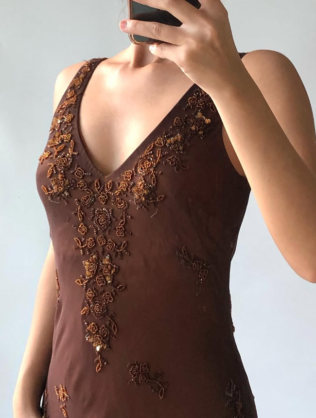 Vintage Mermaid V Neck Beaded Sequin Brown Chiffon Prom Dress Evening Dress DP1733