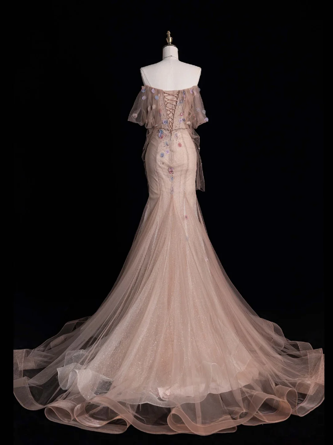 Elegant Mermaid Off the Shoulder Flower Beaded Tulle Long Prom Dress Graduation Prom Dress DP2269
