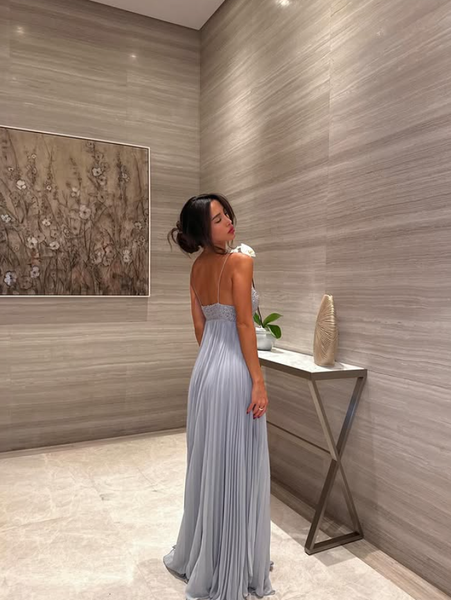 Blue Grey A Line Spaghetti Strap Sequin Beaded Pleated Chiffon Prom Dress 18th Birthday Dress DP3782