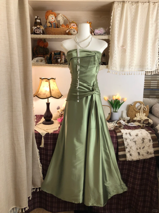 Vintage A Line Strapless Green Satin Long Party Dress Wedding Guest Dress DP2498