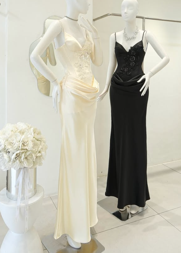Sexy Black Sheath Spaghetti Strap Appliques Satin Prom Dress Evening Dress DP5914