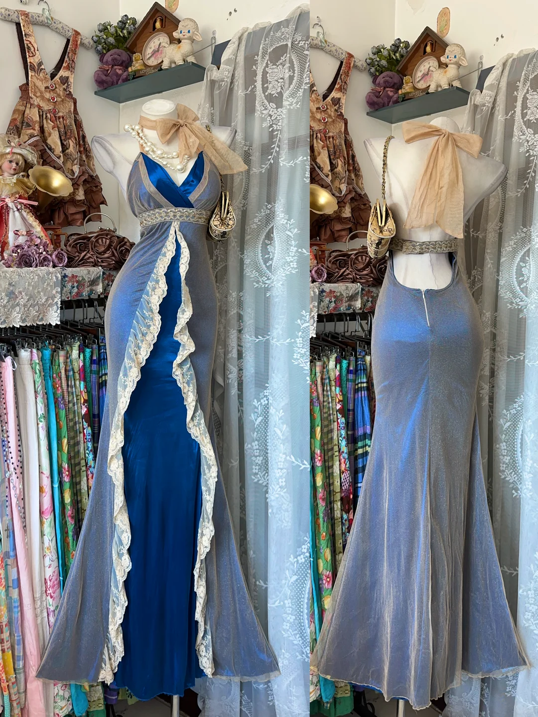 Vintage Mermaid Spaghetti Strap Navy Blue Satin Tulle Prom Dress Evening Dress DP8253