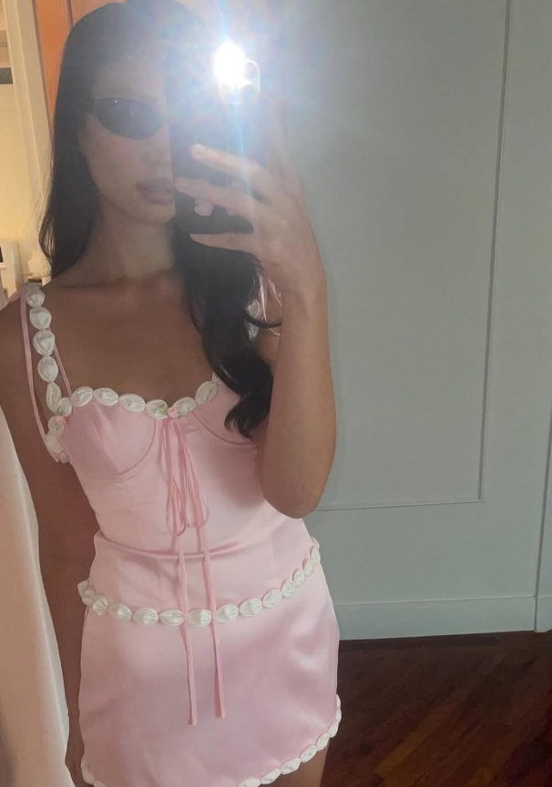 Pink Two Piece A Line Spaghetti Strap Satin Mini Homecoming Dress Birthday Dress DP3124