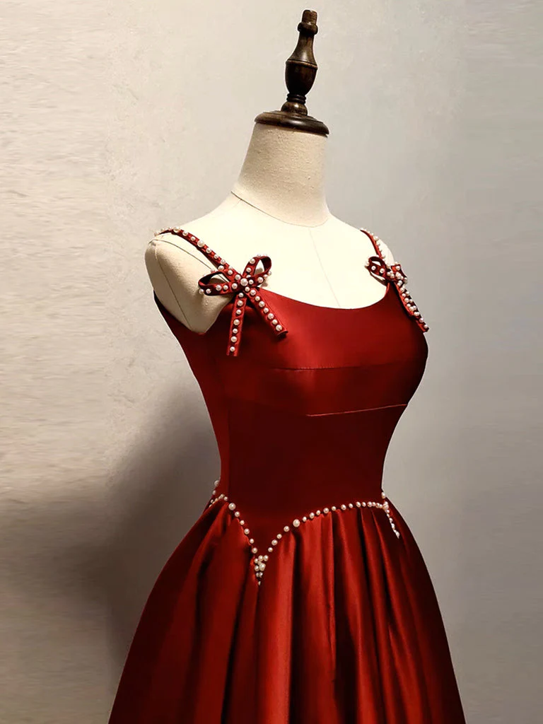 Red Satin Beaded Long A Line Prom Dress DP052