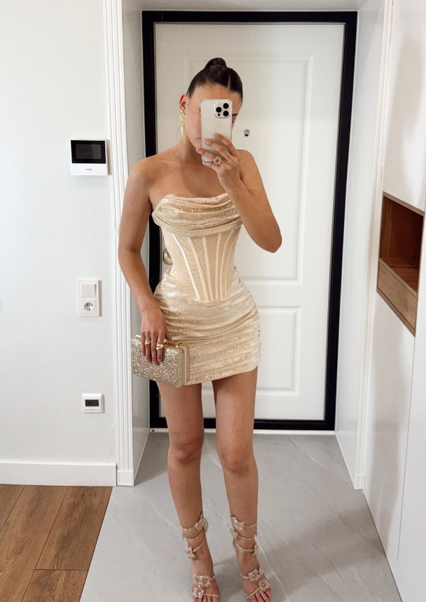 Sexy Light Champagne Sheath Strapless Corset Tulle Sequin Short Homecoming Dress Cocktail Dress DP3194
